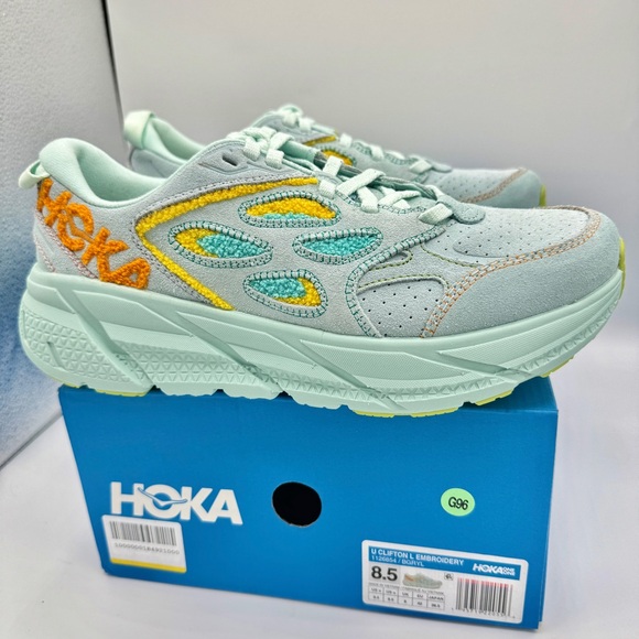 NWT Hoka Clifton Leather Embroidery UNISEX Shoes blue glass radiant yellow NEW - Picture 5 of 16